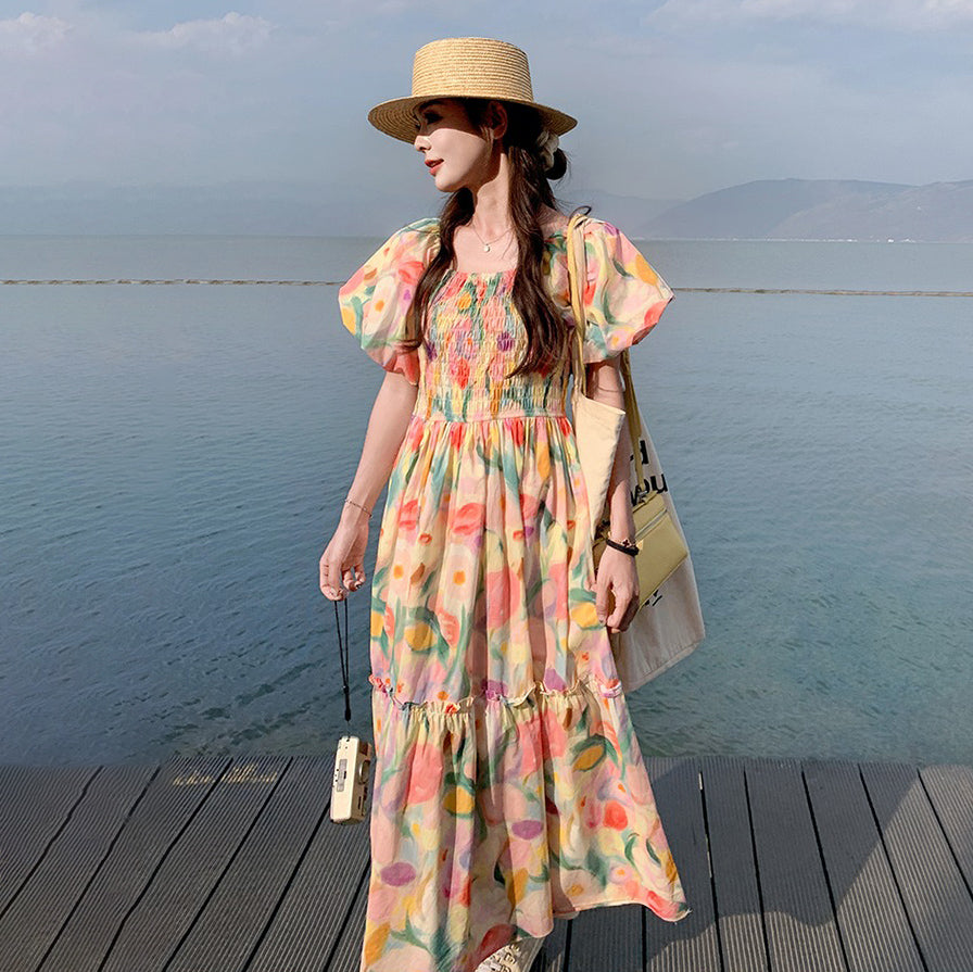 【ワンピース】夏新作 ドーパミン配色トレンド 小花柄 パフスリーブ 半袖ワンピース【SHシリーズ】