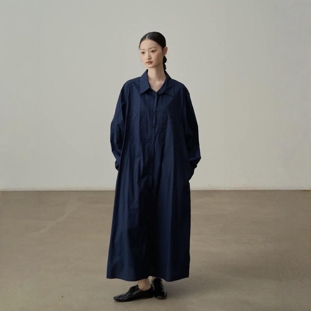 【ワンピース】綿100% ゆったりストレート ネイビー 長袖 ワンピース 【JZシリーズ】