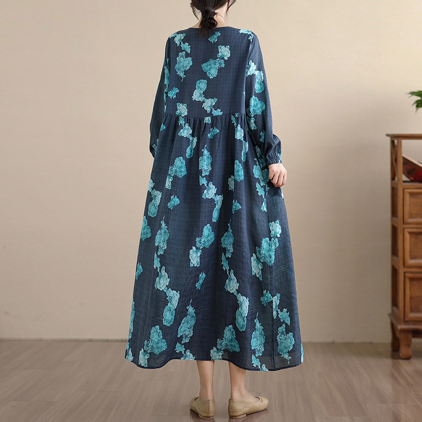 【ワンピース】レトロ 花柄プリント 長袖 ロング Aライン ゆったり 裾フレア ワンピース【SHシリーズ】