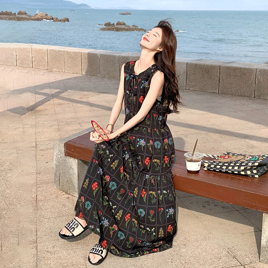 【ワンピース】刺繍プリント ビーチ ノースリーブタンクワンピース【SHシリーズ】