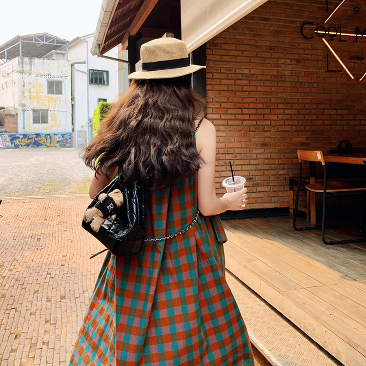【ワンピース】バイカラー チェック柄 レイヤード風 ノースリーブワンピース レディース 夏 ゆったり 上品 トレンド感 ロングドレス【SHシリーズ】