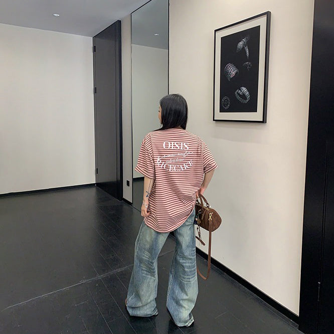 【トップス】レトロ風 ボーダーTシャツ レディース 半袖 オーバーサイズ ゆったりシルエット アメリカンカジュアル【FCシリーズ】