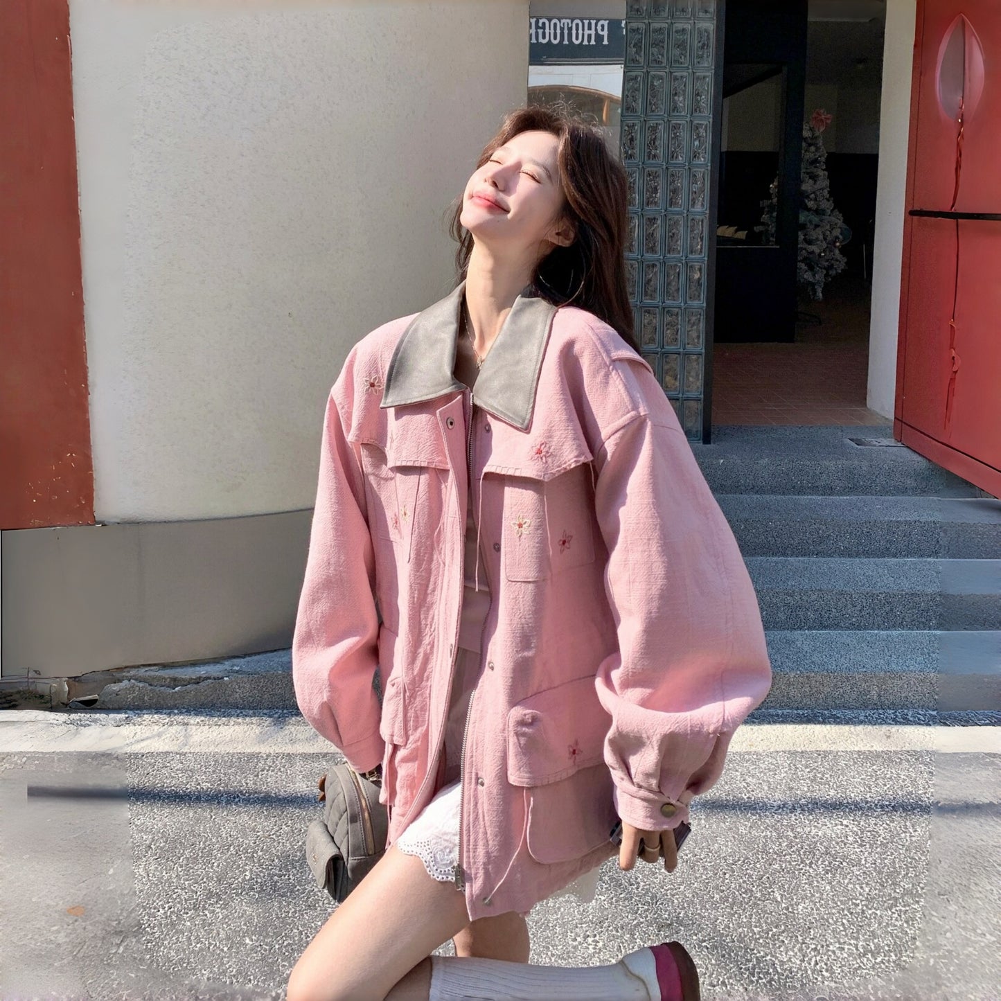 【アウター】韓国系 刺繍 スイートクール 若見え 配色 ジャケット【JZシリーズ】