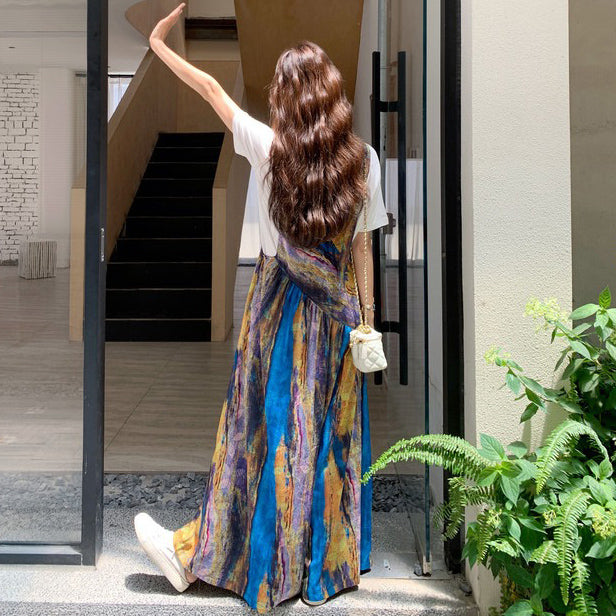 【ボトムス】夏 フレンチバカンス風 タイダイ油絵プリント オールインワン【SHシリーズ】