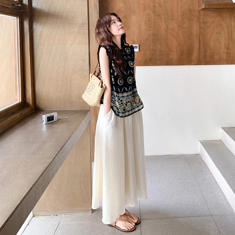 2点セット!【セットアップ】高級感あふれるエスニックジャカードトップス+スカート 上下セット|夏の気品ある大人コーデ【SHシリーズ】