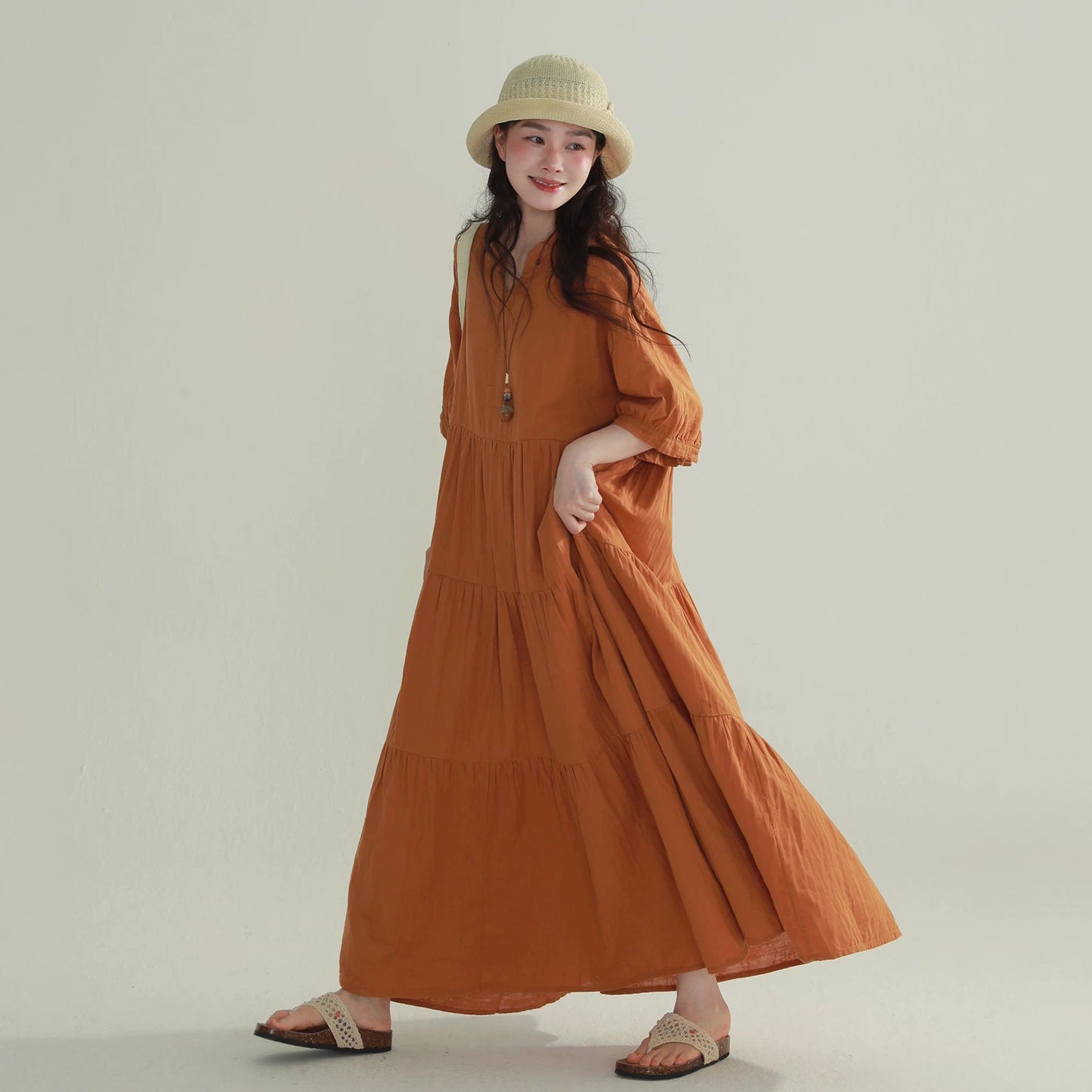 4color【ワンピース】ヴィンテージ風 ティアードワンピース レディース Vネック ロング丈 フェミニン 上品 半袖ワンピース【JZシリーズ】