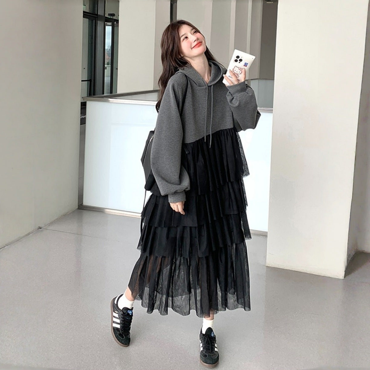 【ワンピース】春 秋 冬 デザイン性 新作 フード付き カジュアル 着痩せ 長袖ワンピース【JZシリーズ】