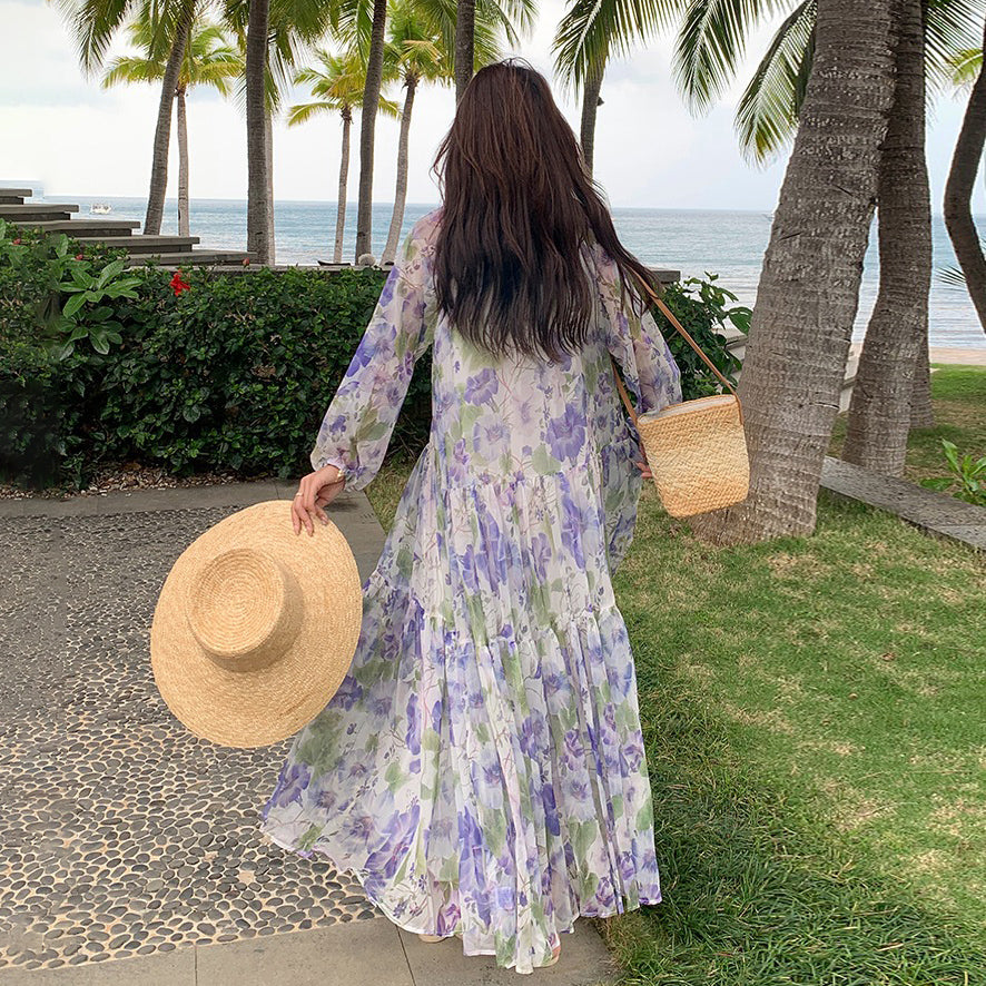 【ワンピース】ビーチ バカンス風 風油絵 小花柄 ワンピース 春夏 フレンチ 柔らかい雰囲気 長袖 日焼け防止 ドレス【SHシリーズ】