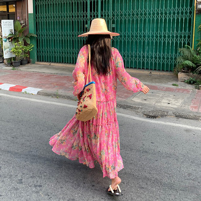 【ワンピース】今年流行の美しいワンピース ゆったりシフォン長袖 ワンピース【SHシリーズ】