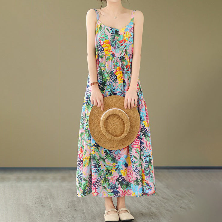 【ワンピース】森ガール風 綿麻花柄キャミソールワンピース 軽やかで涼しい薄手素材 ノースリーブワンピース【SHシリーズ】