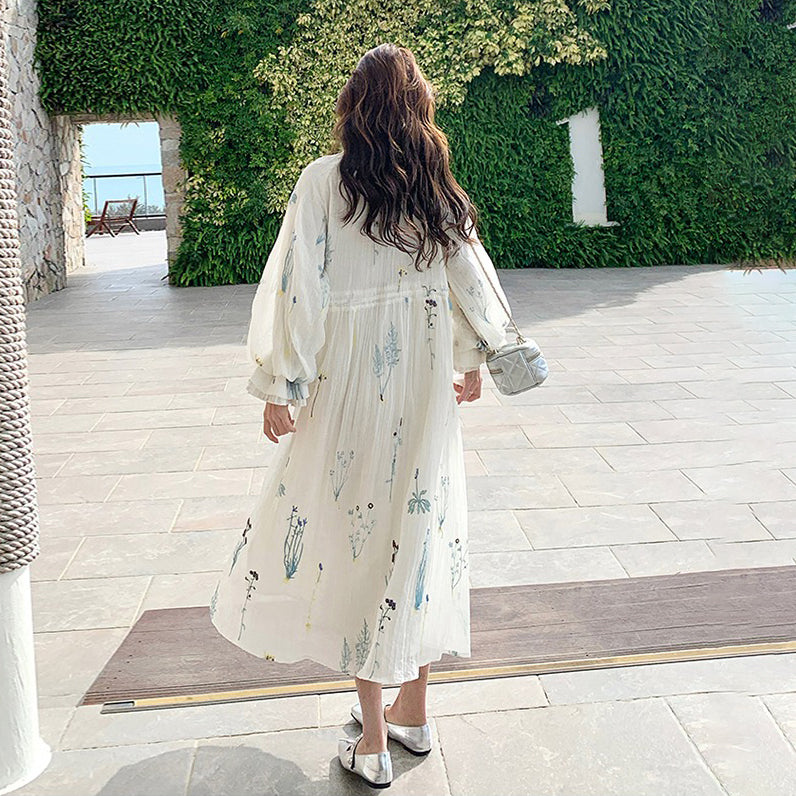 【ワンピース】独特で絶美なフレンチ風 花柄 長袖ワンピース 超人気 バルーンスリーブ リゾートロングドレス【SHシリーズ】