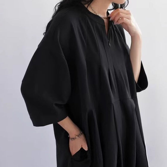 【ボトムス】日系スタンドカラーワンピース風オールインワン|七分袖×ナチュラル可愛い大人シルエット