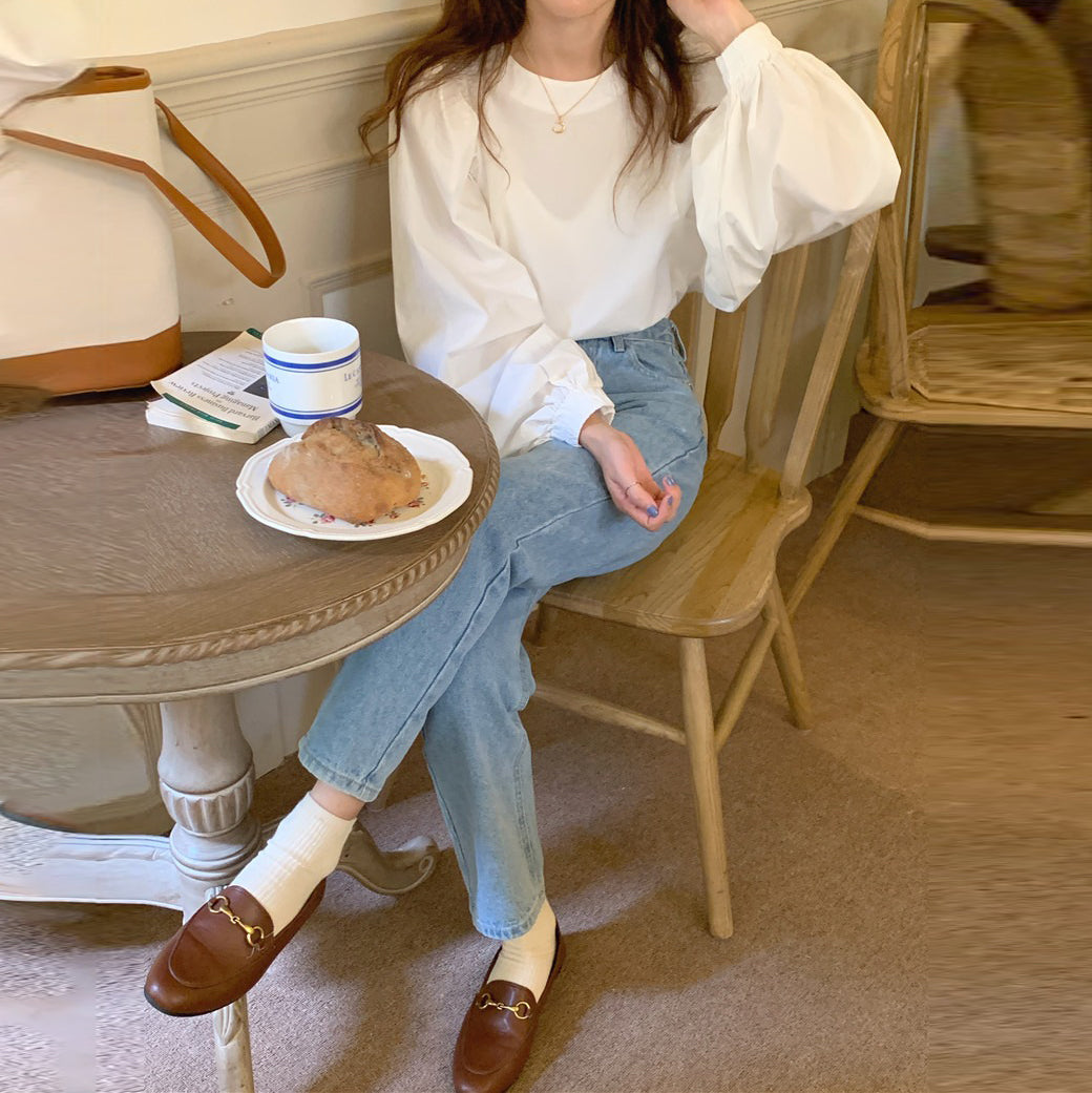 【トップス】春秋 シンプル ラウンドネック ルーズ 無地 パフスリーブ シャツ