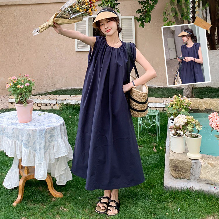 【ワンピース】ネイビーブルー ノースリーブ ワンピース 夏 リラックス系 小規模ブランド おしゃれ ゆったり 万能 ロングドレス【JZシリーズ】