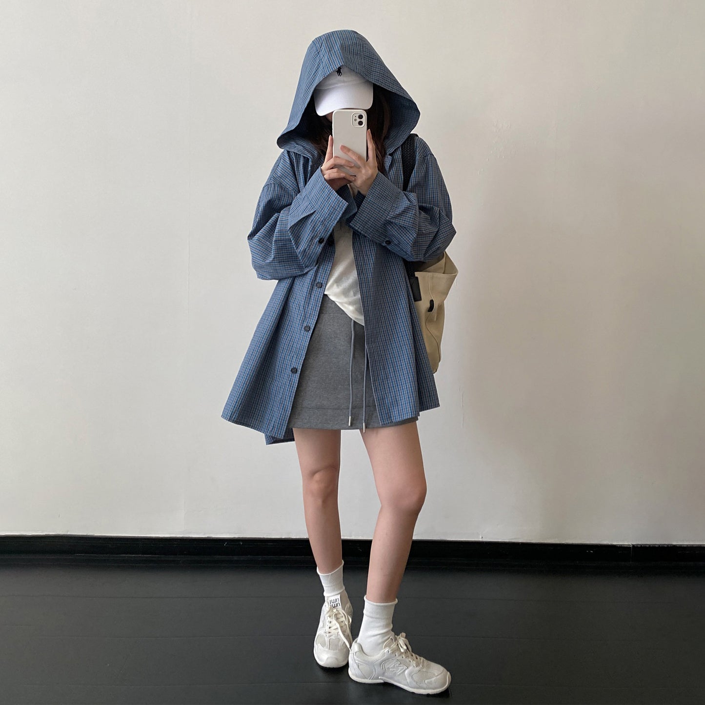 【アウター】ブルー系チェック フード付き ドローストリング オーバーサイズ 体型カバー シャツカーディガン【FCシリーズ】