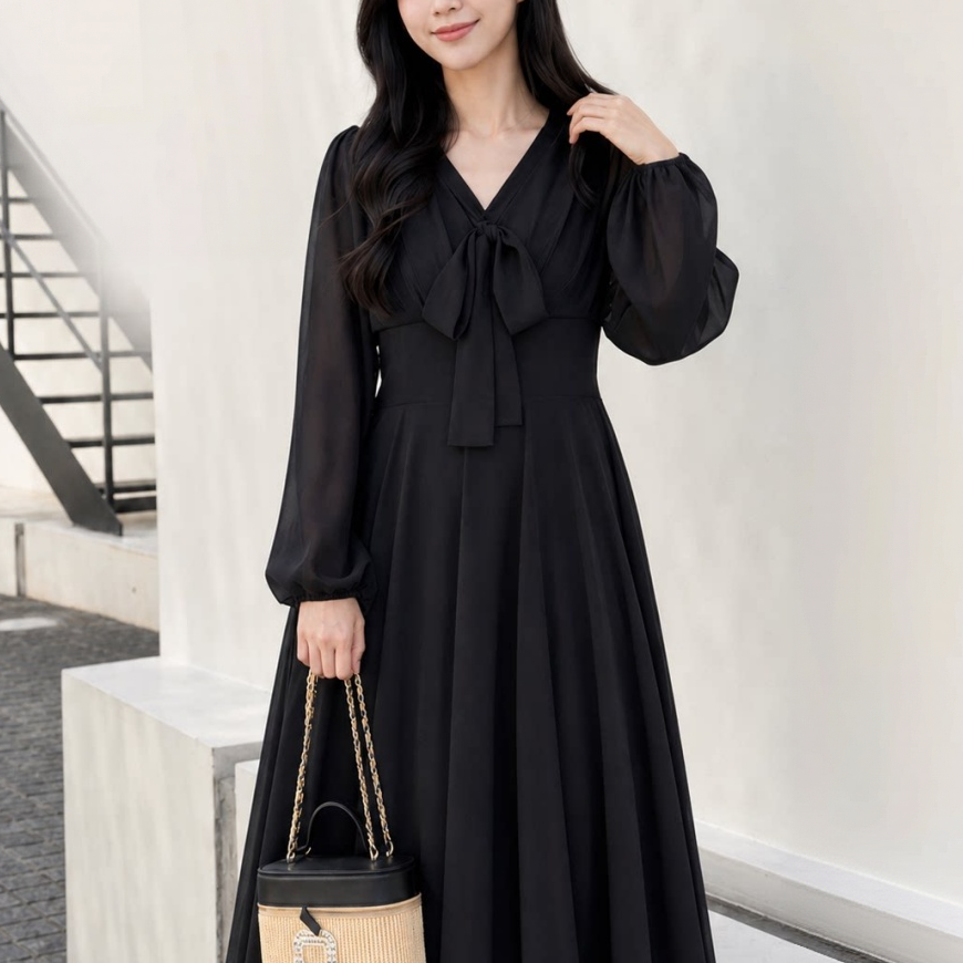 【ワンピース】フレンチ Vネック 着痩せ ロング丈 黒ワンピース 【JZシリーズ】