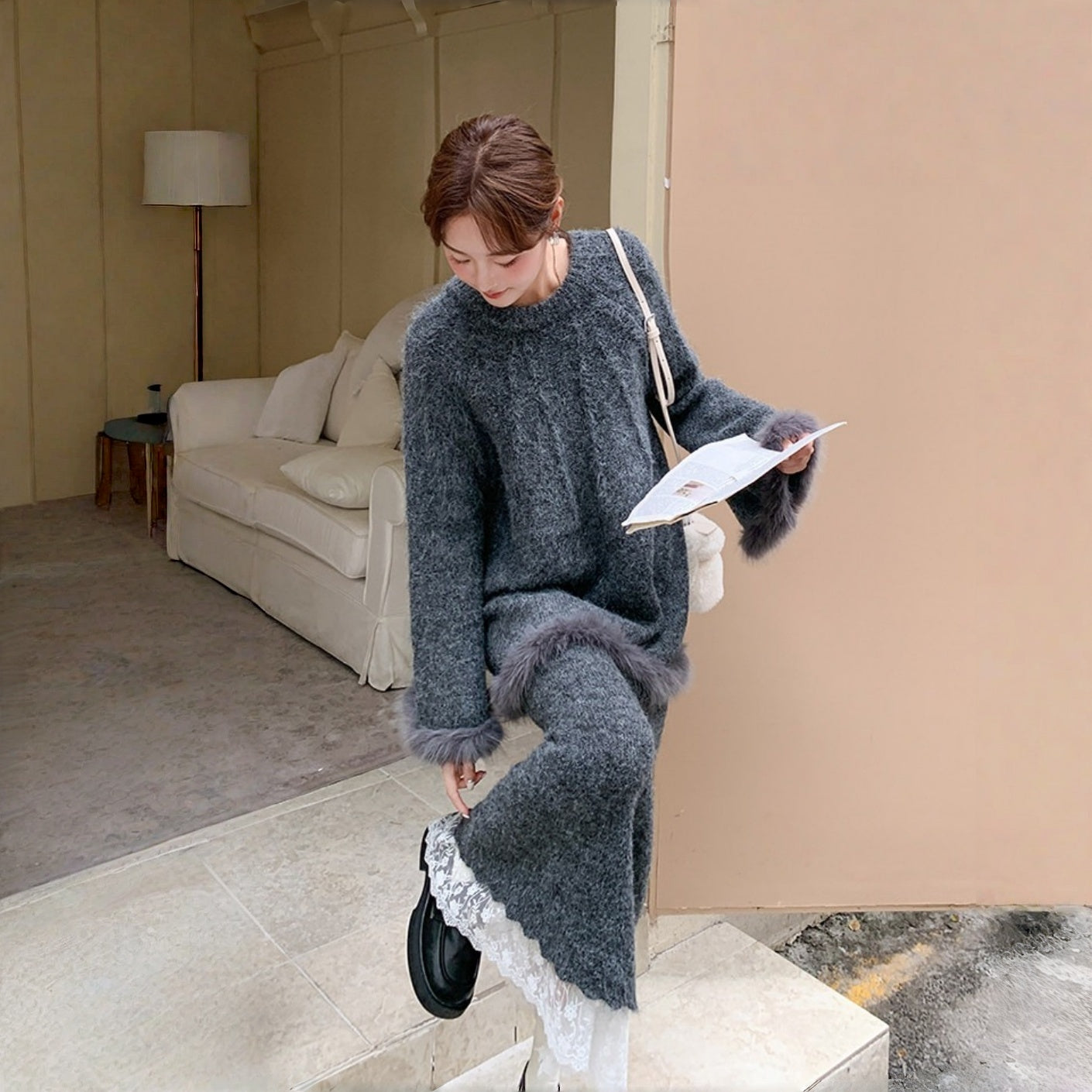 【セットアップ】前後着用可能 レース 合わせやすい ニットセーター+スカート 2点セット【JZシリーズ】