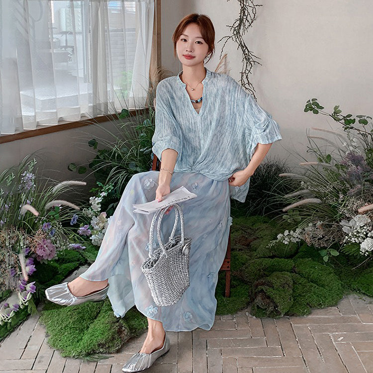 2点セット!【セットアップ】夏 フレンチヴィンテージ ブラウス+スカート 上下セット レディース【SHシリーズ】