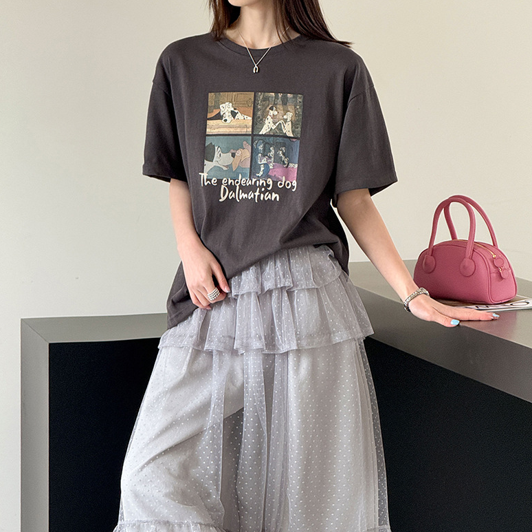 【トップス】犬プリントTシャツ レディース 夏新作 半袖 ゆったり カジュアル カップルコーデ【JZシリーズ】