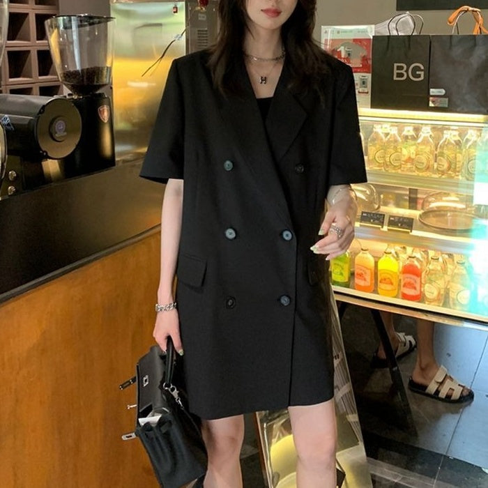 慵懶鈕扣半袖洋裝|寬鬆顯瘦長款連衣裙