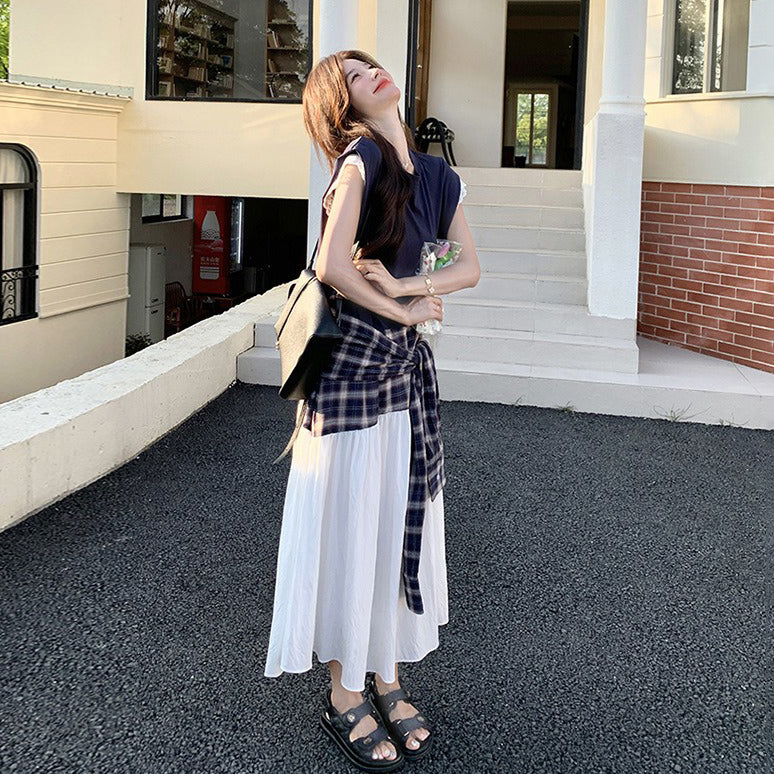 【ワンピース】夏 韓国風カジュアルな雰囲気コーデ チェック柄×レース切り替え ノースリーブワンピース【SHシリーズ】