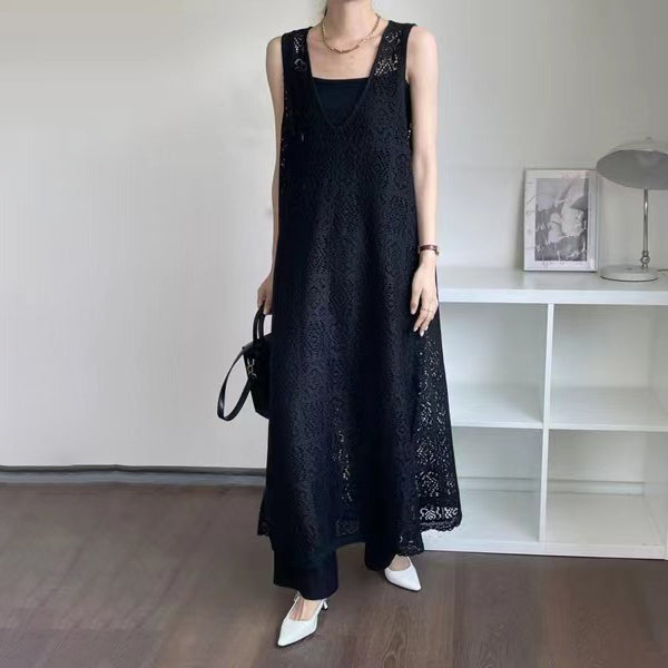 【ワンピース】夏 通気性 チラリ 中空デザイン ノースリーブワンピース