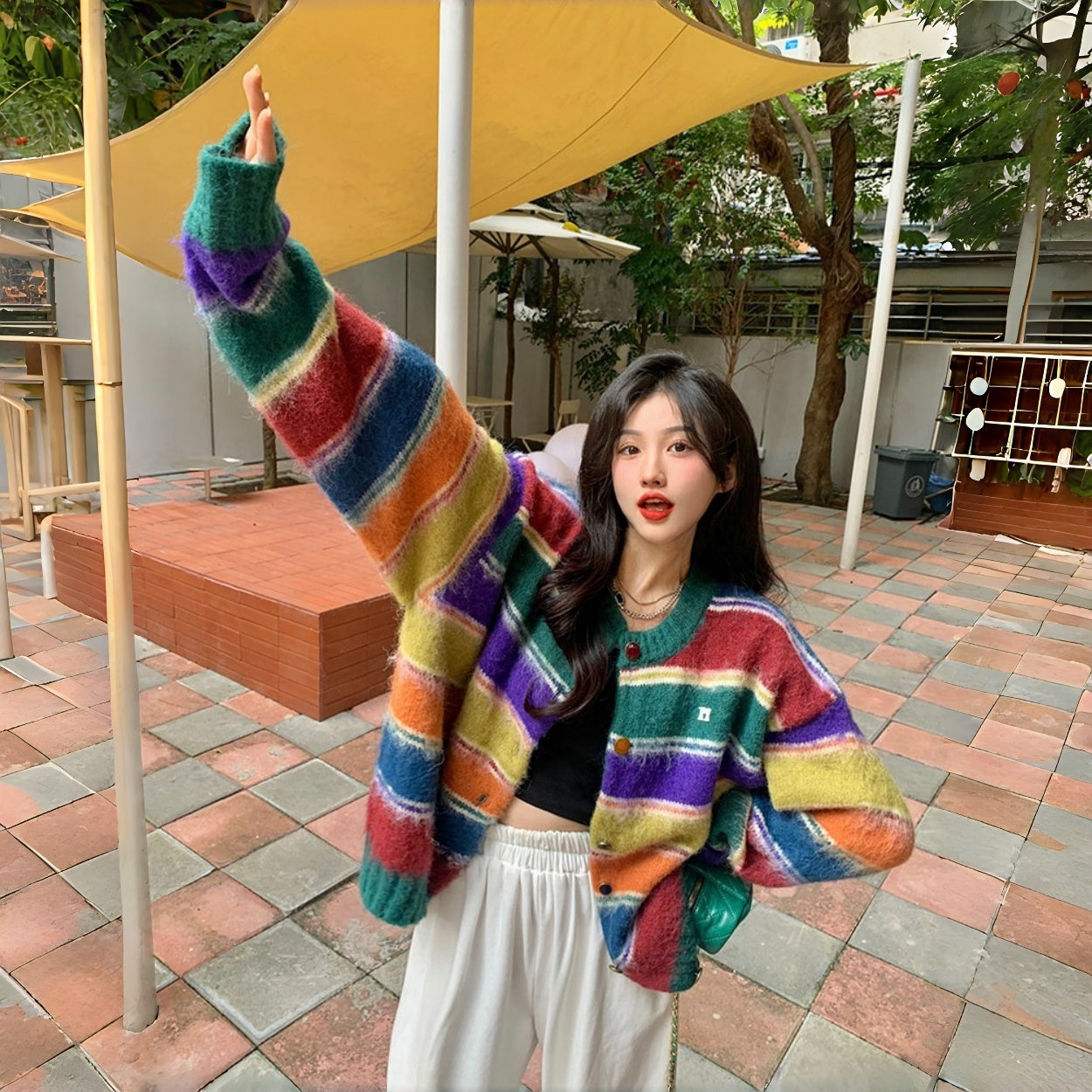 【アウター】プラスサイズ 上品 レトロ レインボーストライプ 若見え カーディガン 【JZシリーズ】