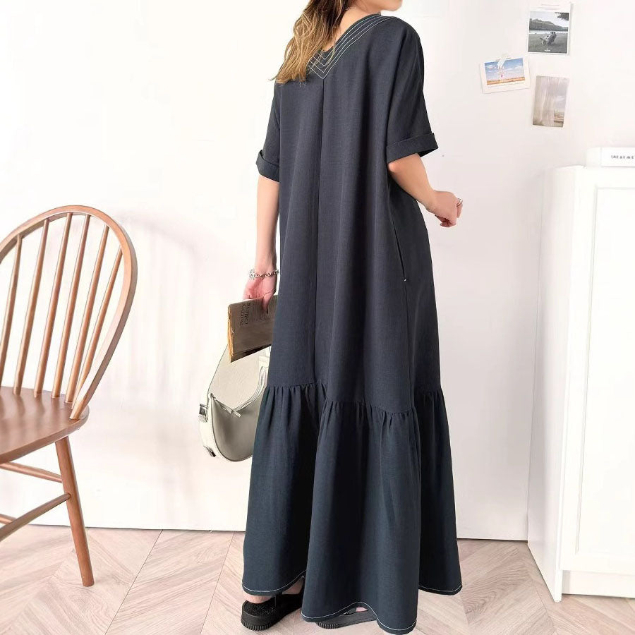 【ワンピース】【10~15日内発送】 夏 ルーズ ゆったり ロング丈 半袖ワンピース パッチワーク 無地ドレス