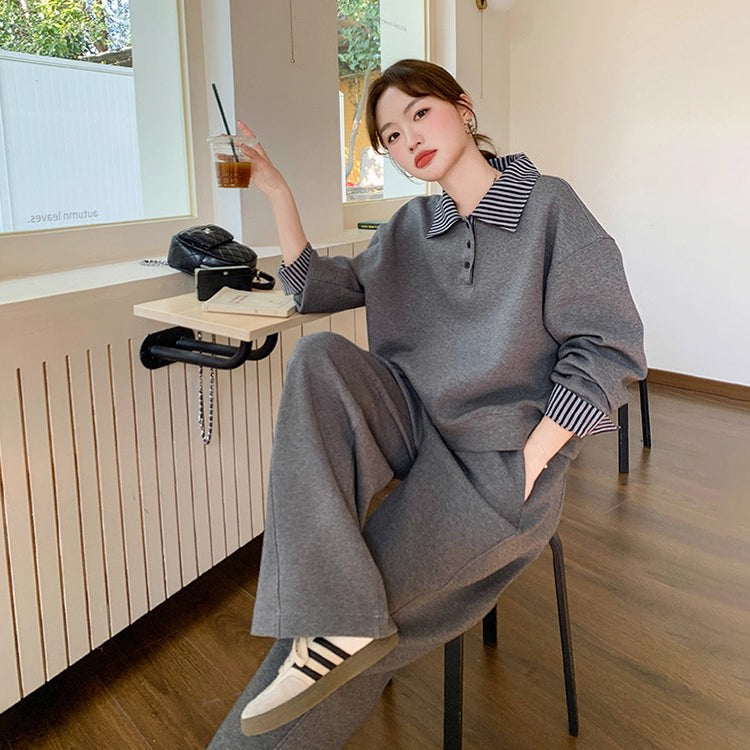 【セットアップ】韓国風 カジュアルセット レディース 2025秋新作 ボーダー ポロネック スウェット+ワイドパンツ 上下セット【JZシリーズ】