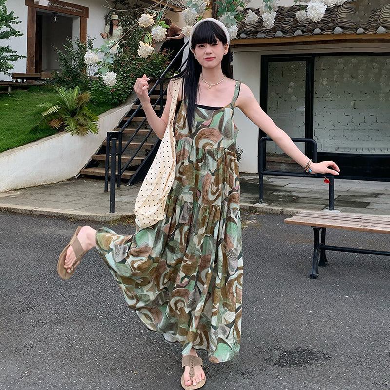 【ワンピース】キャミソールワンピース レディース 2026新作 夏 ハイウエスト フレア ロング丈 ノースリーブ リゾート 旅行 フォトジェニック ナチュラル【SHシリーズ】