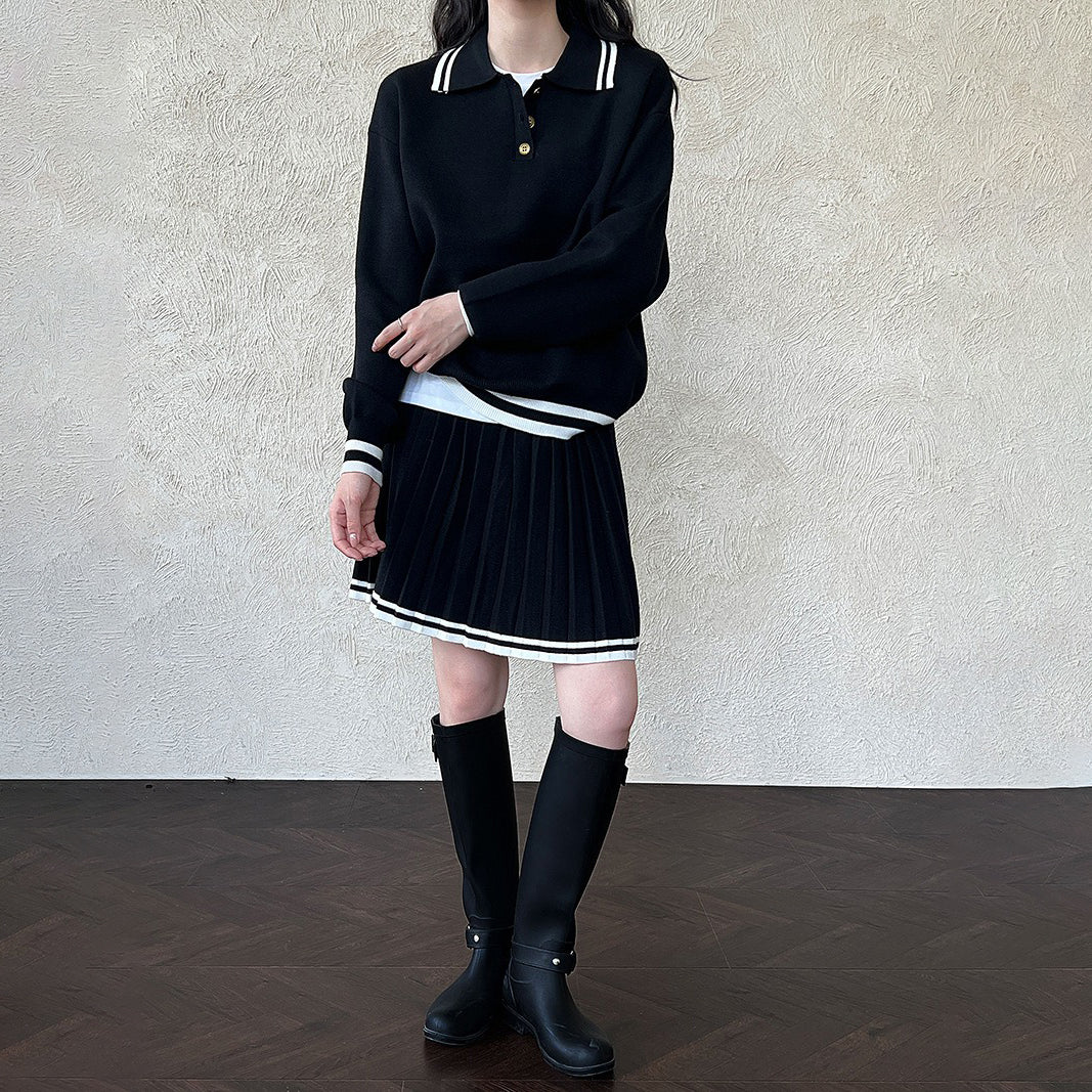 2点セット!【セットアップ】秋新作 学院風 上下セット ポロ襟スウェット+ハイウエストプリーツミニスカート【JZシリーズ】