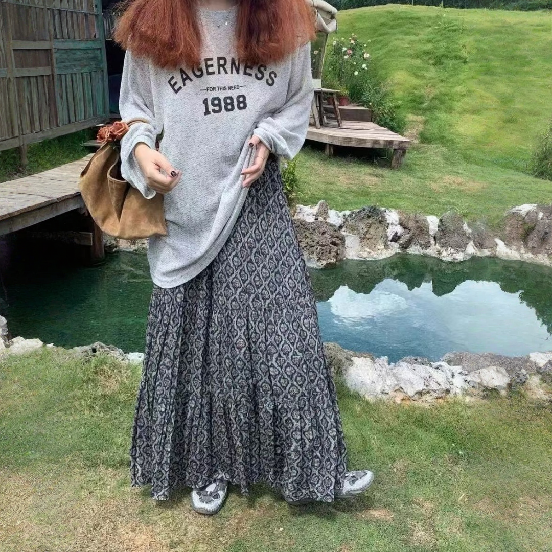 【ボトムス】レトロ花柄 フレアロング丈 ゆったりシルエット スカート【SHシリーズ】