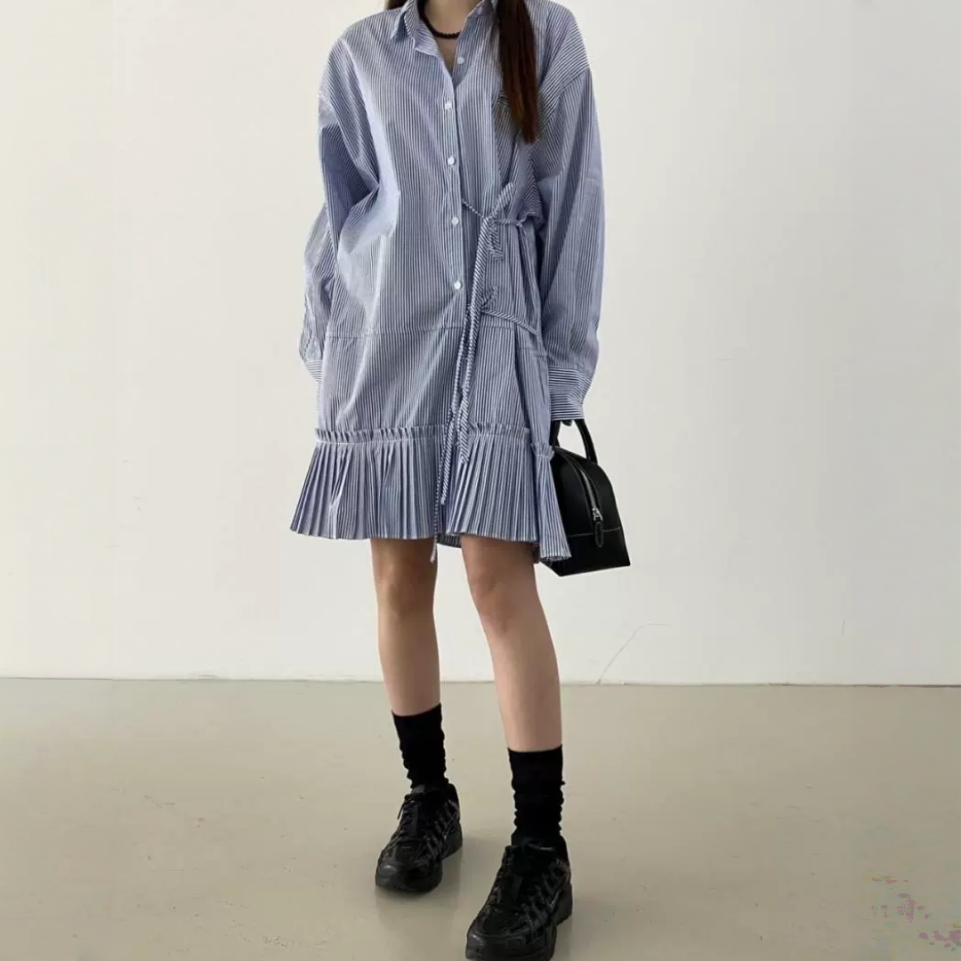 【ワンピース】春 秋 冬 サイドリボン ゆったり切替 プリーツ 長袖ストライプ ワンピース 【JZシリーズ】