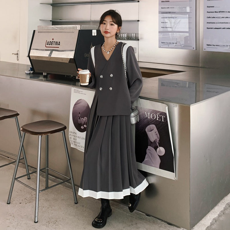 【ワンピース】配色 長袖ワンピース レディース 春秋 細見え 気質 スーツ風プリーツワンピース【JZシリーズ】