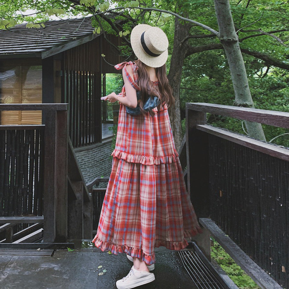 【ワンピース】海辺リゾート ゆったりシルエット 甘め優しげチェック柄ノースリーブワンピース【SHシリーズ】