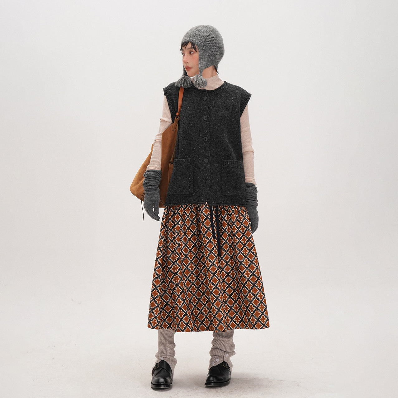 【ボトムス】秋冬らしい温もり素材 ⭐ プリントコーデュロイ ハイウエスト ゴムウエスト 学院風 シンプル ミモレ丈 スカート【JZシリーズ】【SHシリーズ】【15~20日内発送】