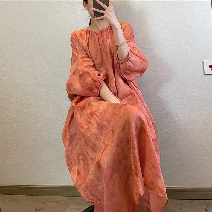 【ワンピース】夏 レトロ ぼかし染め ルーズ プリント ランタンスリーブ 半袖ワンピース