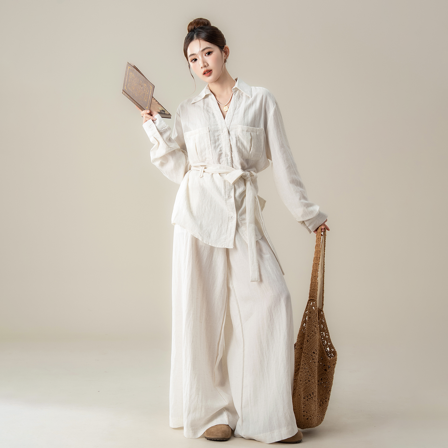 2点セット!【セットアップ】ルーズ感 カジュアル 秋新作 ウエスト絞り シャツ+ワイドパンツ 上下セット【JZシリーズ】