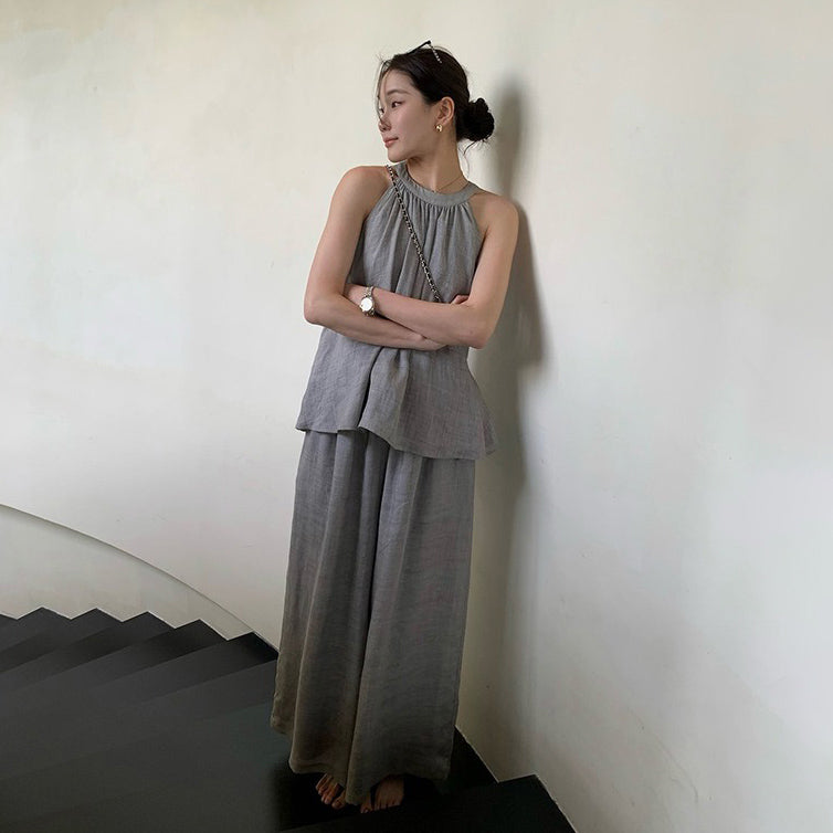 2点セット!【セットアップ】夏 ラミー ハイネック プリーツ タンクトップ+ワイドレッグパンツ 上下セット【JZシリーズ】