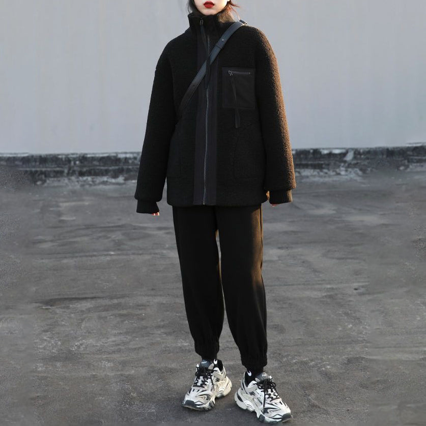 【アウター】秋冬 ゆったり スタンドカラー ラムウール あったか ジャケット