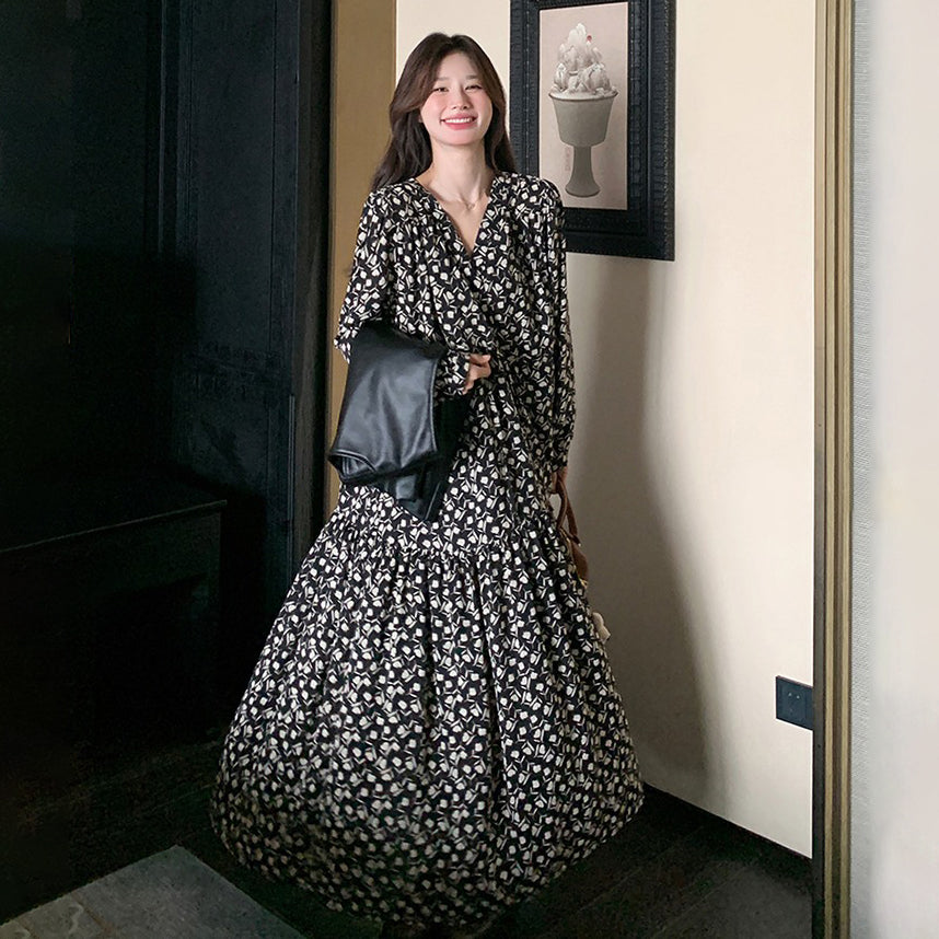 2点セット【セットアップ】PUレザーベスト+ 花柄 長袖ワンピース 2点セット レディース 春秋 高級感 韓国風 コーディネート おしゃれ【SHシリーズ】