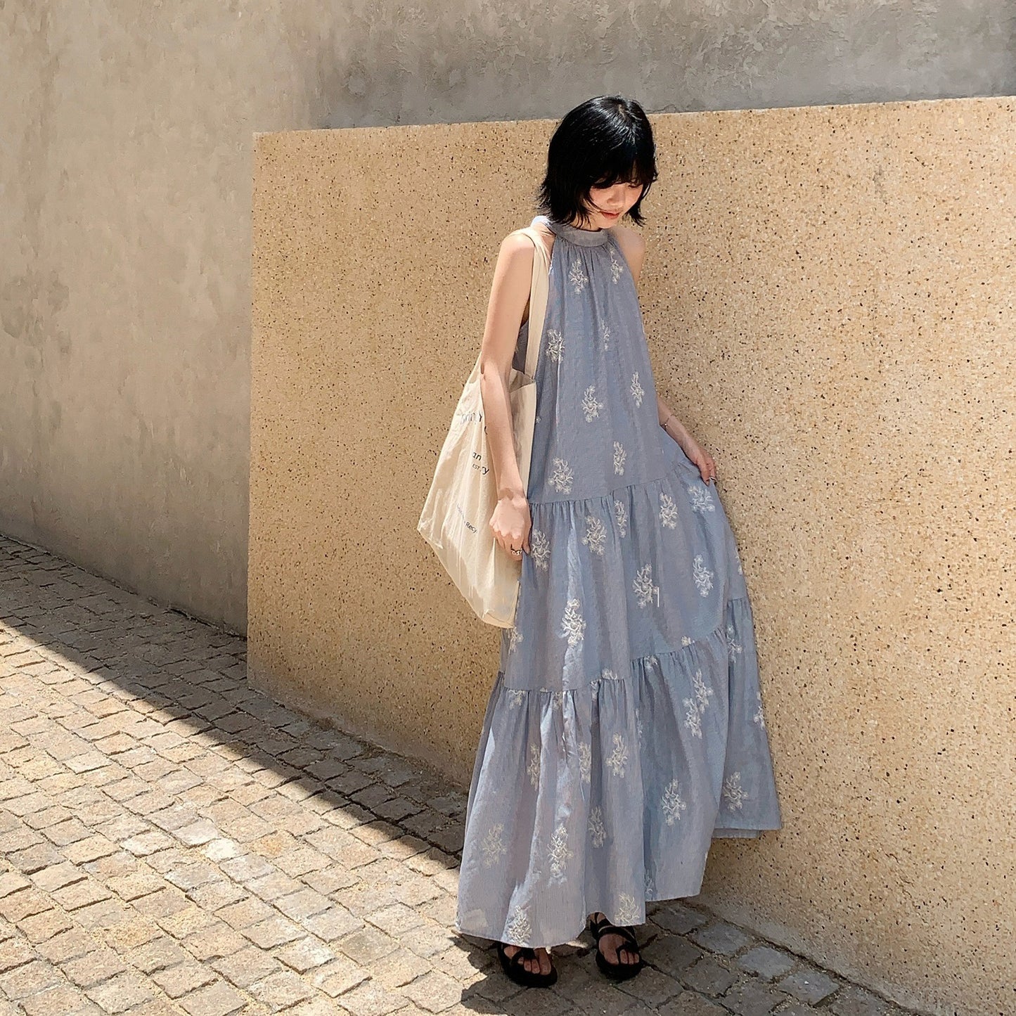 【ワンピース】リゾート 刺繍入り 夏 フローラルプリント ノースリーブワンピース【JZシリーズ】