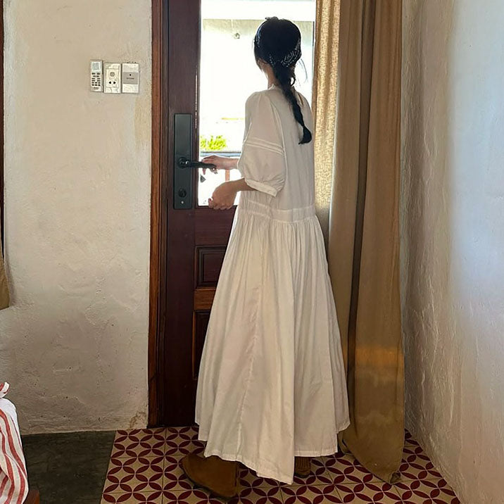 【ワンピース】無地 夏 切り替え プリーツ パフスリーブドレス 半袖ワンピース