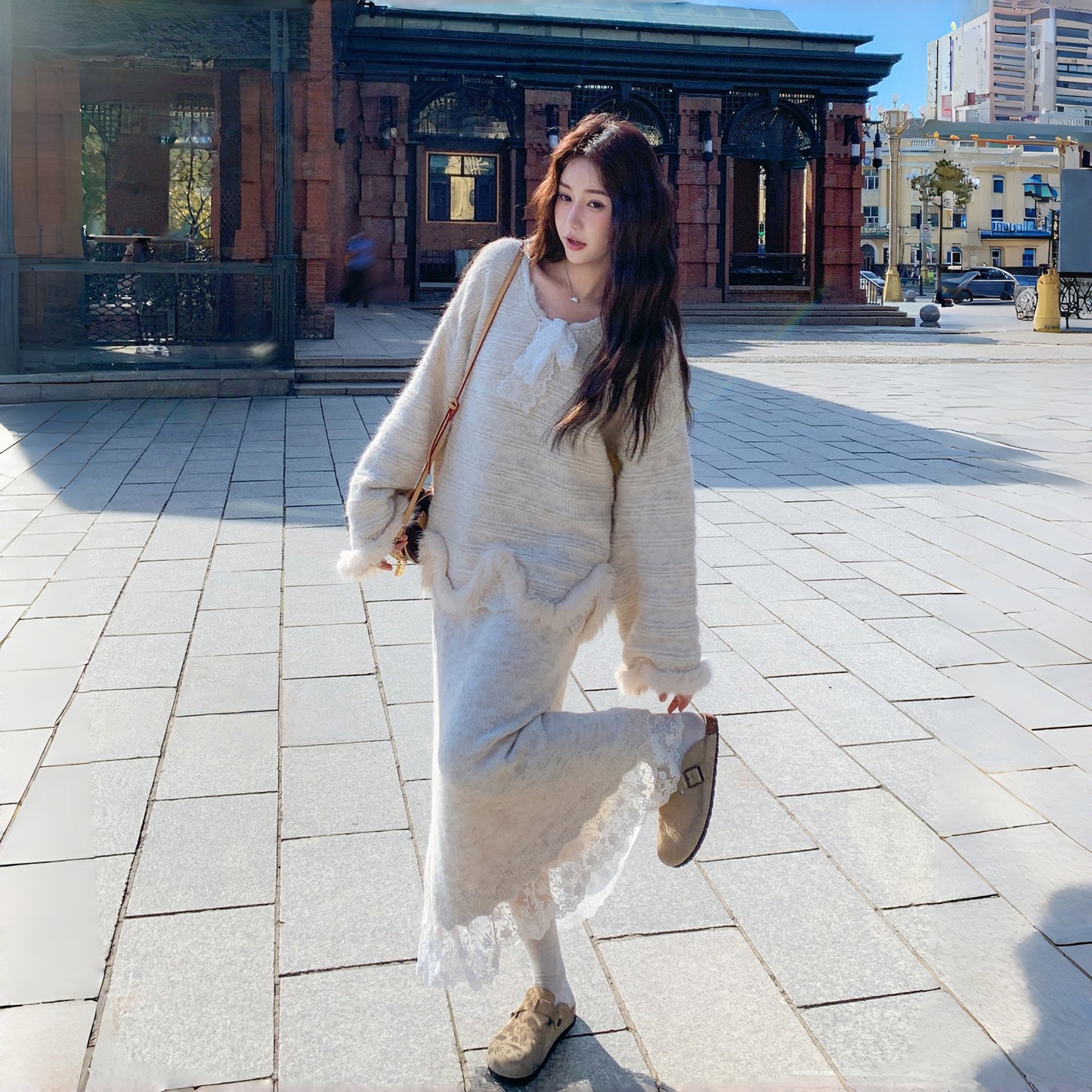 【セットアップ】韓国風 レース 気質よい 合わせやすい ニット生地 ニットセーター+スカート 2点セット【JZシリーズ】