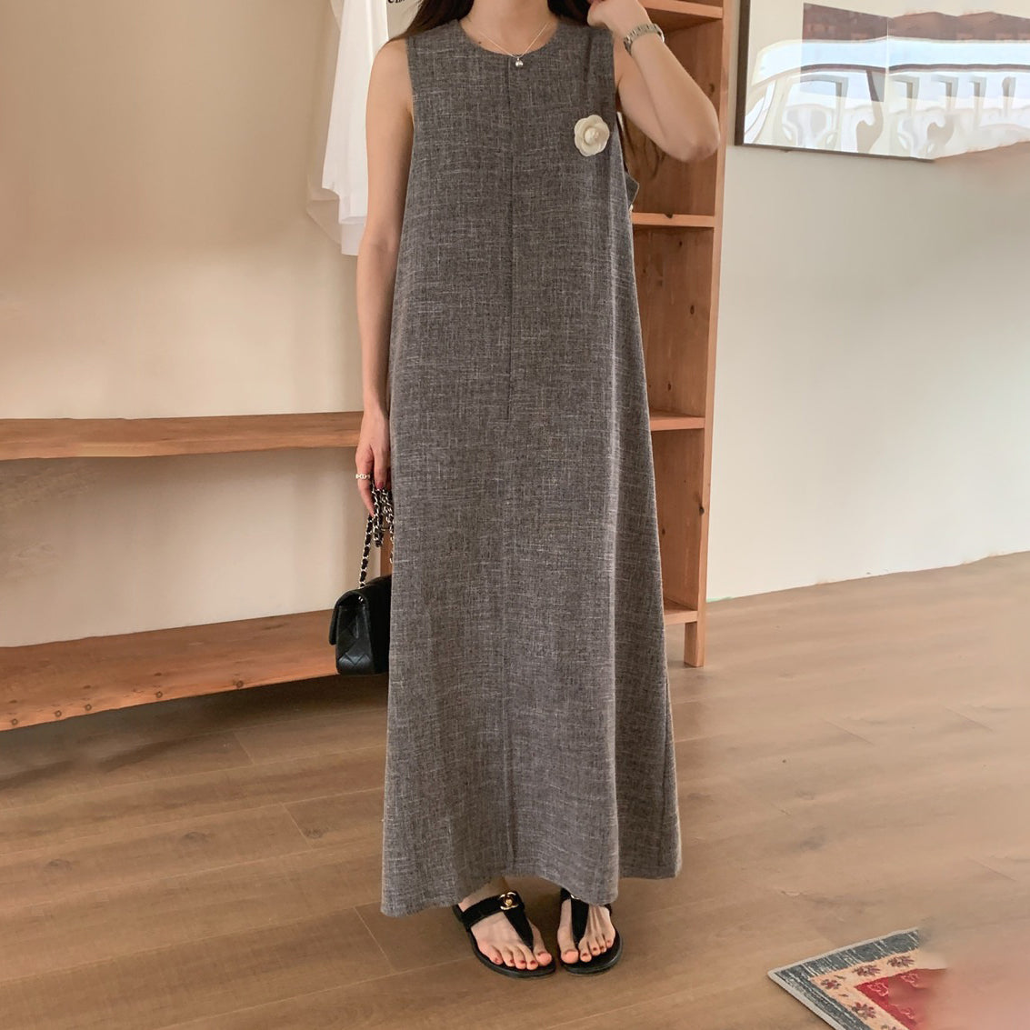 【ワンピース】夏 レトロ ラウンドネック 着痩せ ノースリーブワンピース