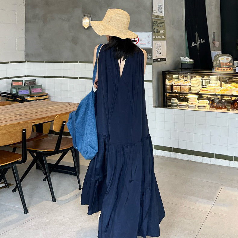 【ワンピース】フレンチ ロマンチック ホルターネック ワンピース|上品 プリーツ ギャザー ロング丈|ノースリーブ 高級感 通勤 オフィス カジュアル ゆるシルエット【JZシリーズ】
