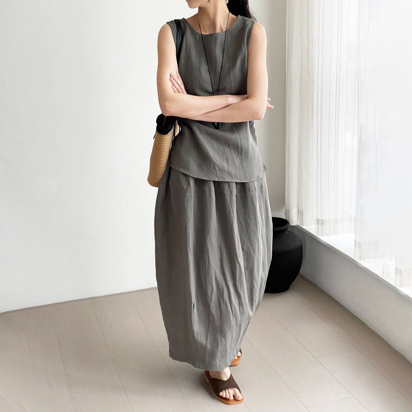 2点セット!【セットアップ】テンセルリネンタンクトップ+スカート 上下セット【JZシリーズ】