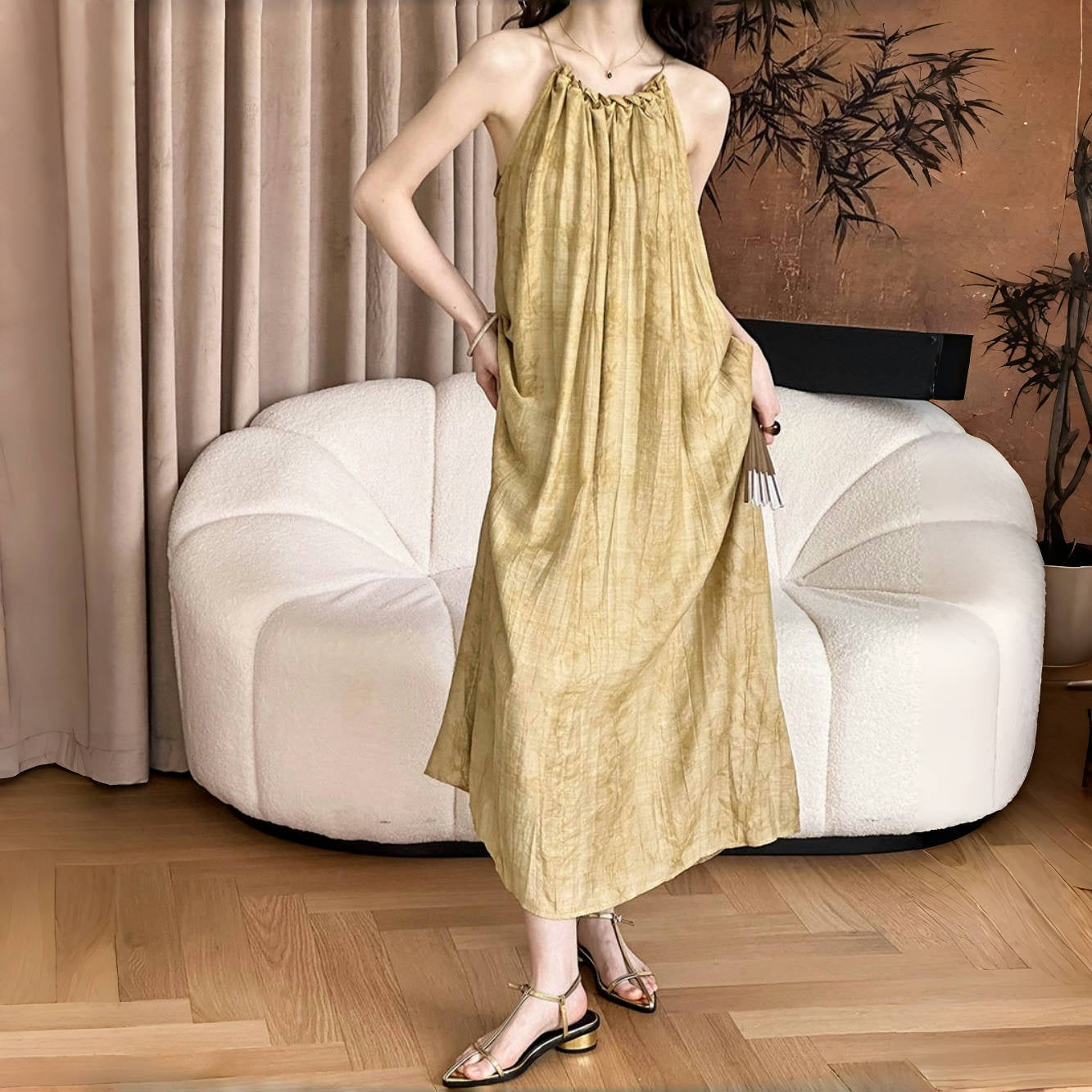 【ワンピース】ニューチャイナ風 ノースリーブ ホルターネック グラデーション ワンピース レディース レトロ テンセル ロングドレス【JZシリーズ】