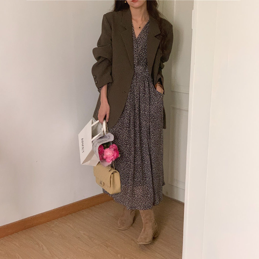 【ワンピース】春秋夏 chic 秋 レトロ Vネック 花柄 着痩せ 長袖ワンピース