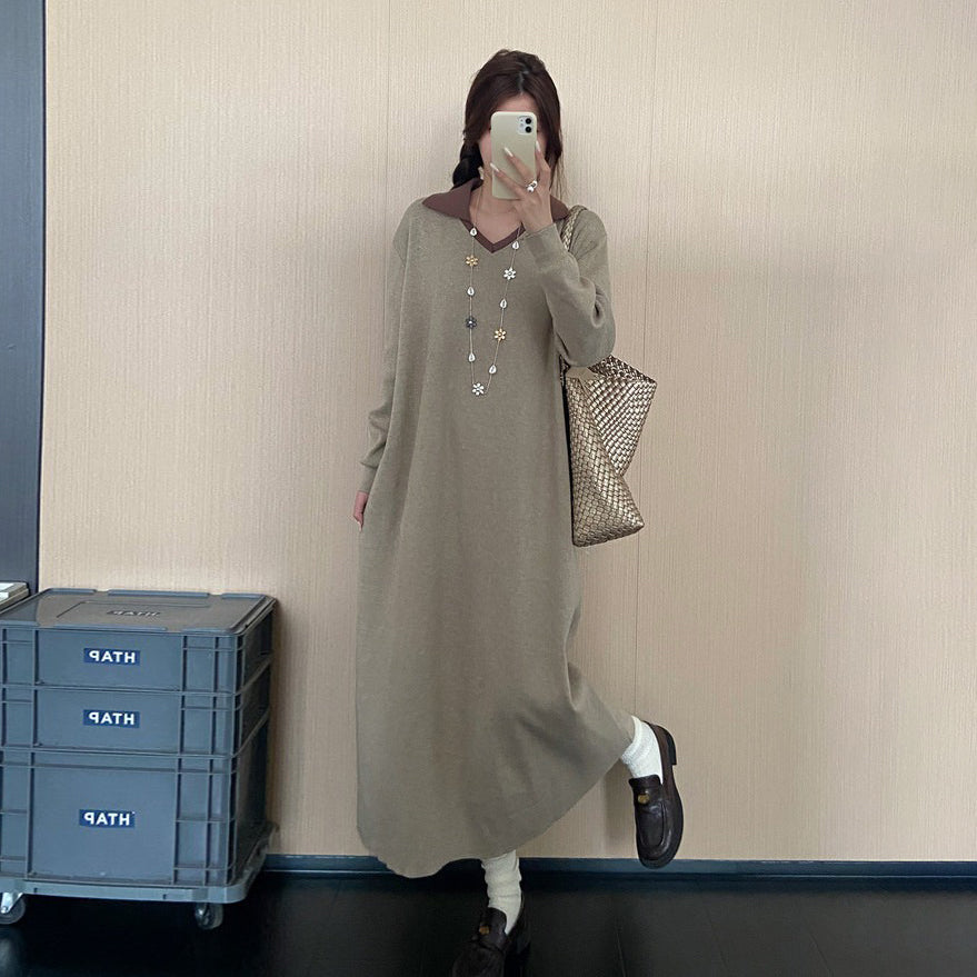 【ワンピース】大きいサイズ襟付きニットワンピース レディース 秋冬新作 ゆったり 体型カバー ロング丈【JZシリーズ】